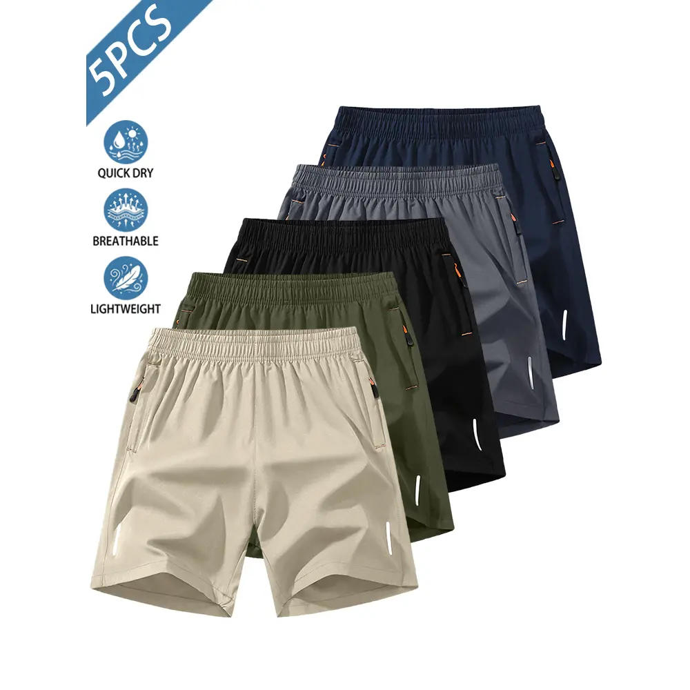 Men's 5-Pack Tropical Plain Activewear Shorts - Loose-Fit, Quick Dry, Lightweight, Breathable, Comfortable, Zippered Pockets, Reflective Strips, Tiered Layer - Ideal for Running, Outdoor Activities (Summer Wear)