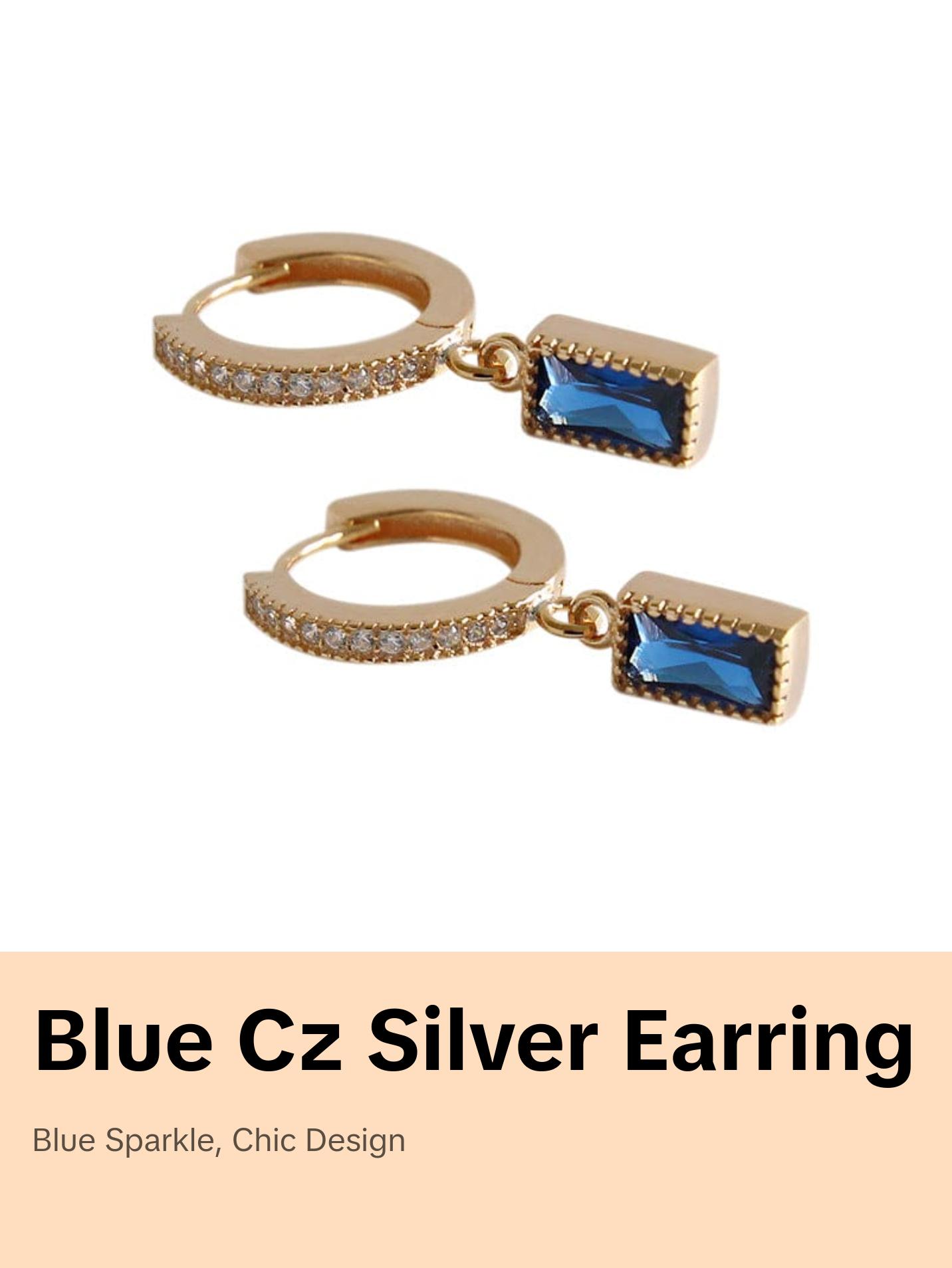 Geometry Blue CZ Rectangle 925 Silver Dangling Earrings (Single Piece)