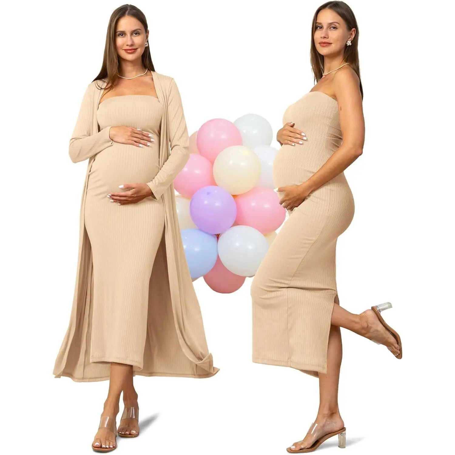 Women's 2-Piece Maternity Formal Outfit - Stretch Fabric Strapless Tube Top Dress with Cardigan, Bodycon Maxi with Strapless Band for Pregnancy Photoshoot, Postpartum Wear, Casual Styling Options