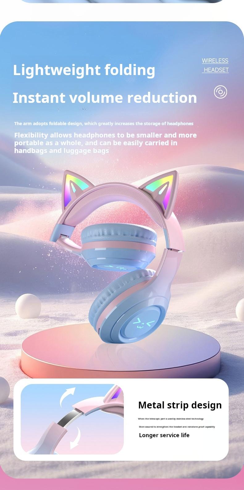 Wireless Bluetooth Cat Ear Headphones with Built in Microphone LED Light Up Foldable Over Ear Headphones for Phone Tablet iPad Laptop Computer Cute Gift for Kids Teens and Adults