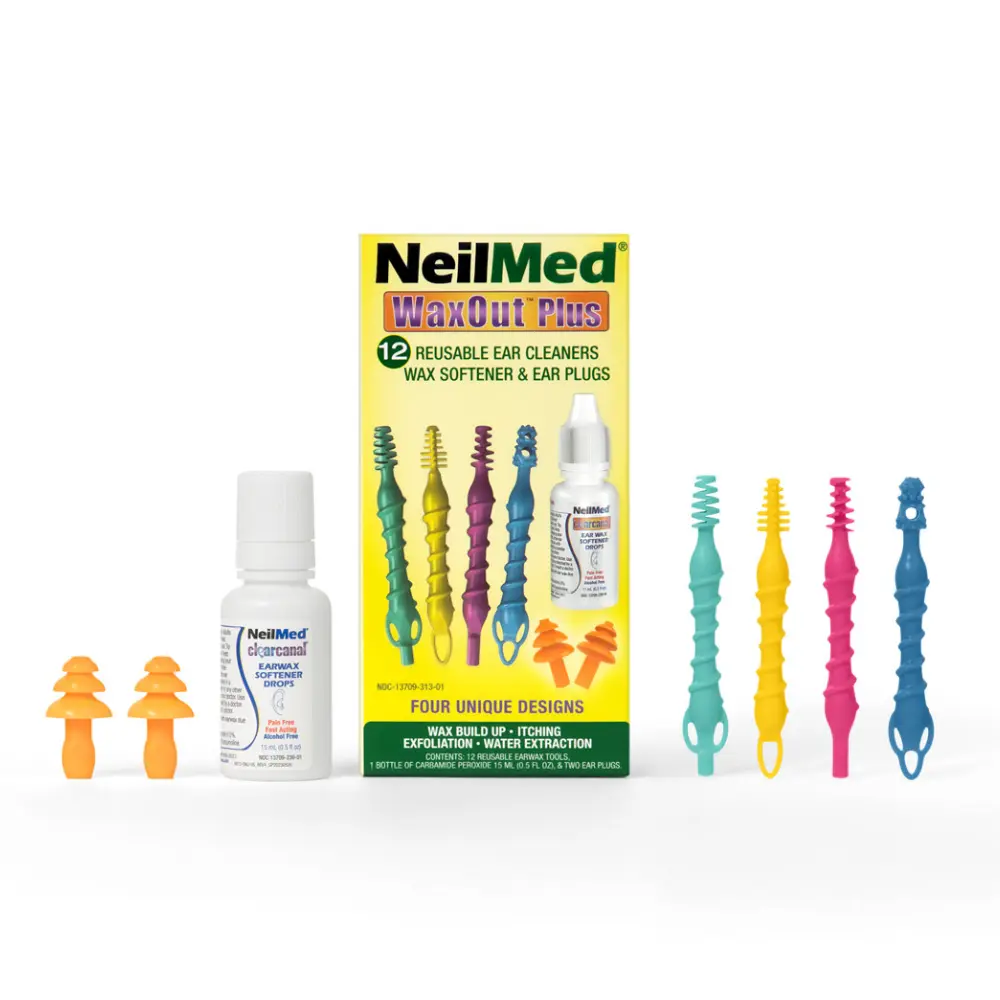 NeilMed WaxOut Plus Ear Hygiene Kit - 12 Reusable Ear Cleaners, Wax Softener Drops & Ear Plugs - 4 Tool Designs, HSA/FSA Eligible