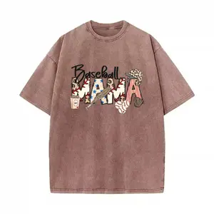 Women's Vintage Washed Crewneck Short-Sleeve Breathable Streetwear T-Shirt, "Baseball MAMA" Graphic Design