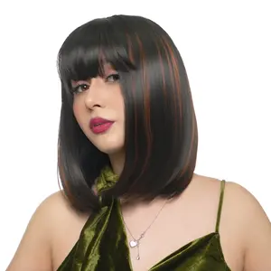 12-Inch Espresso Brown (Carmel Blonde Highlights) Straight Synthetic Wig | Heat ResistantCap Included |  FSGB