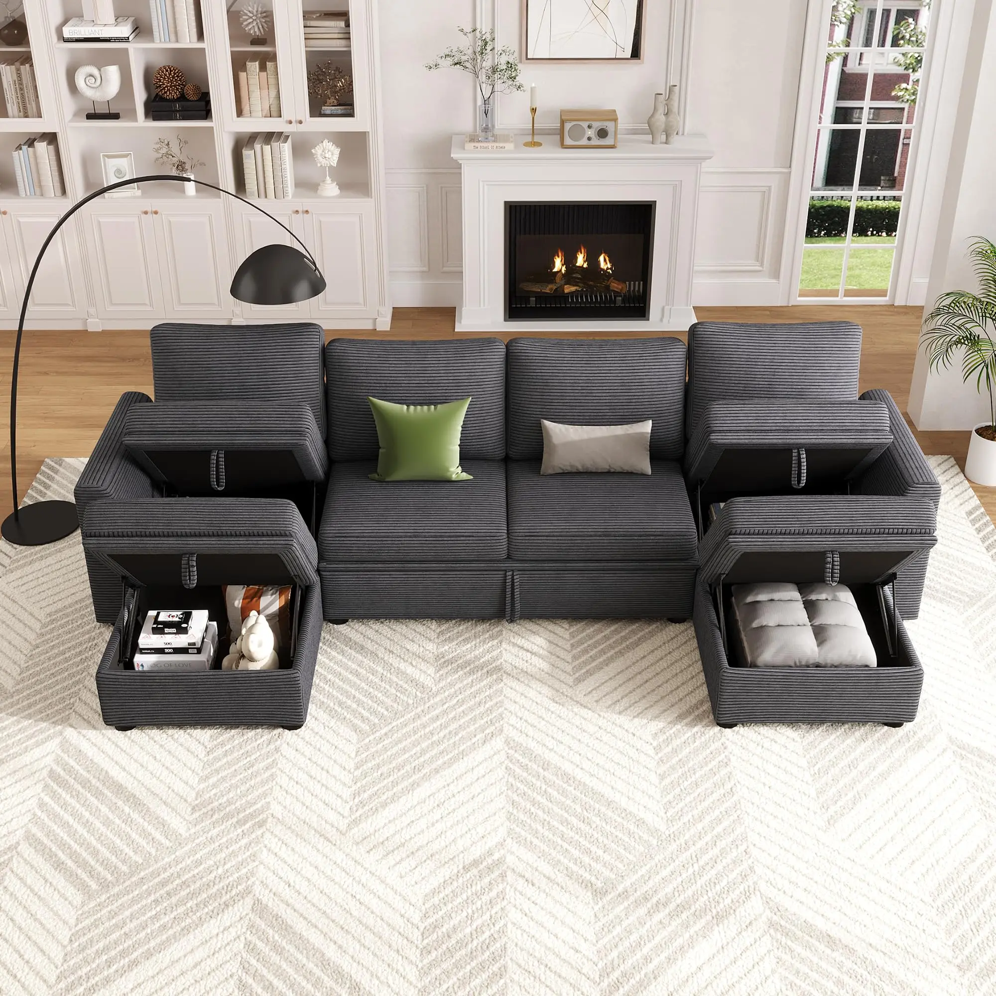 Garvee Sectional Sleeper Couch with Pull Out Sofa Bed, Corduroy Modular Sectional Sofa 6 Seat Couch with Storage Seat & 2 Ottomans, Sectional Couches for Living Room
