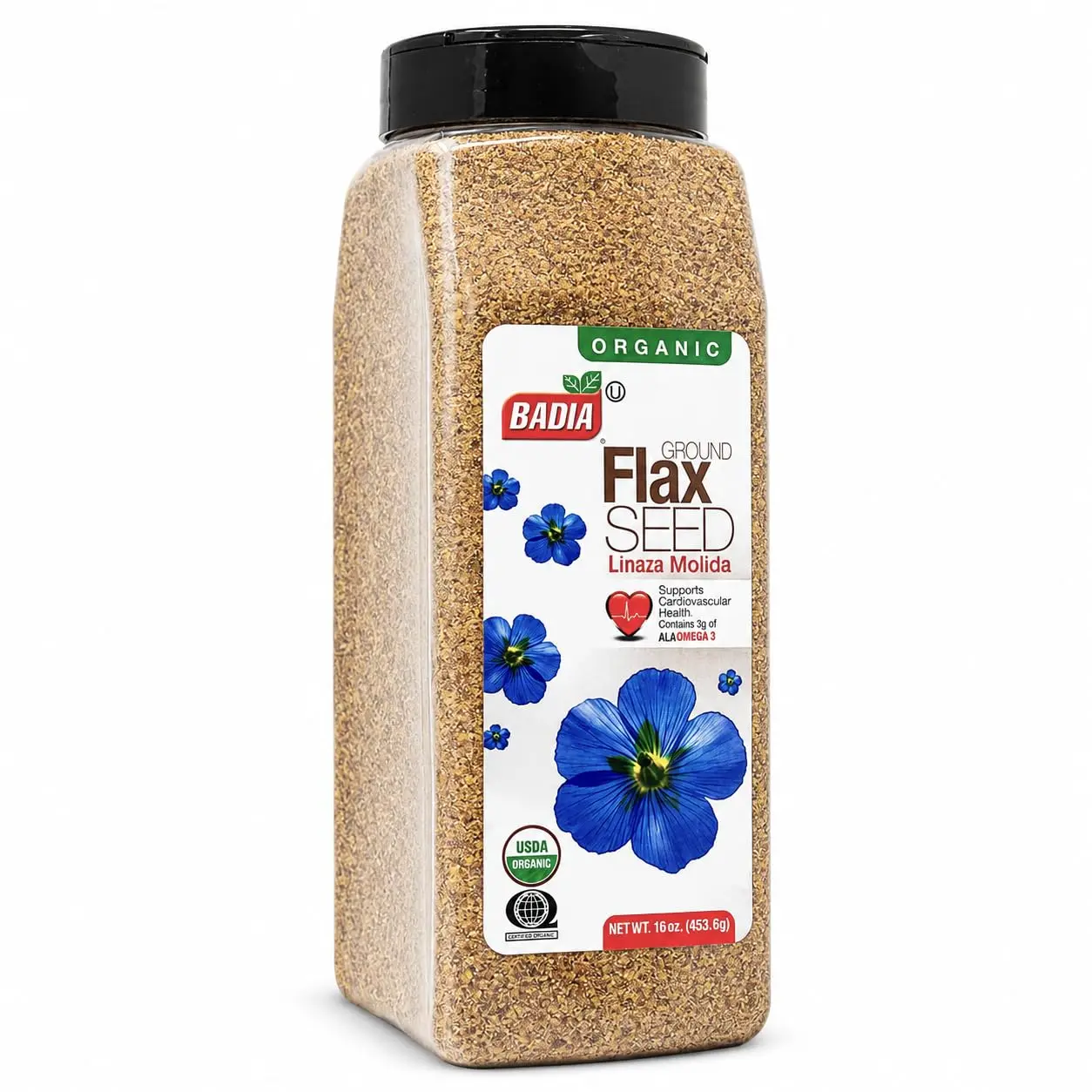 Badia Organic Ground Flax Seed, 16 oz – Fiber & Omega-3 Non-GMO Superfood | Organic ground flax seed with naturally occurring fiber and omega-3, ideal for smoothies, baking, oatmeal, yogurt, & recipes