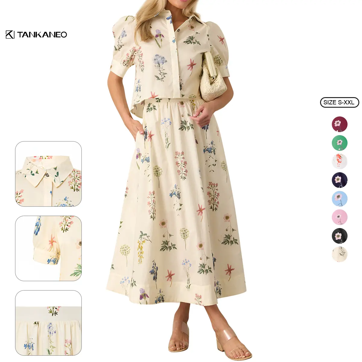 Tankaneo Womens 2 Piece Floral Skirt Sets Puff Sleeve Blouse and Elastic Waist Matching Set Vacation Outfits