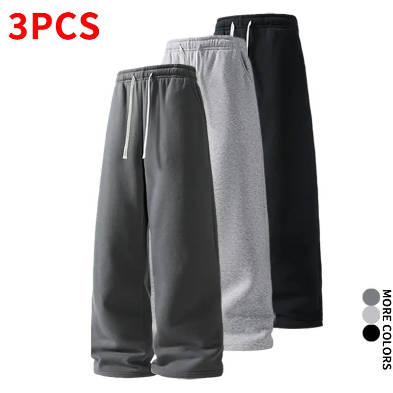 3-Pack Solid Color Wide-Leg Knit Sweatpants, Drawstring Elastic, Drapey Straight-Leg Athletic Pants for Home, Commuting, Casual Wear, Floor-Length Pants