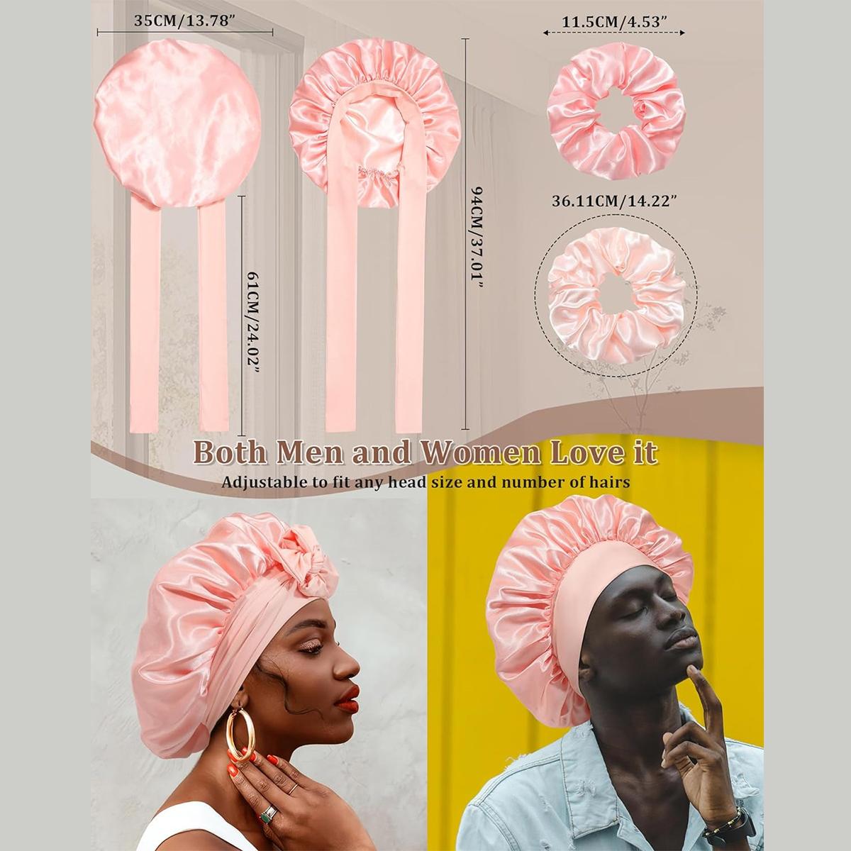 Double Layer Satin Bonnet for Sleeping Cap Women Reversible Hair Bonnets with 2PCS Hair Scrunchies Elastic Tie Band Nightcap Gifts for Women
