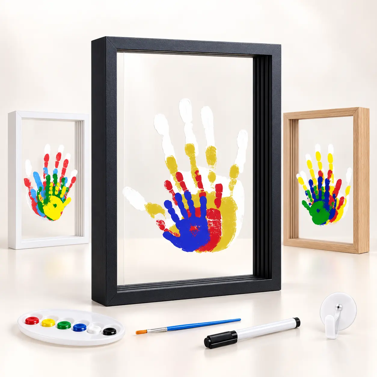 Colorful Rectangular DIY Family Handprint Keepsake Frame Kit - Painted Layering Effect Acrylic Memory Frame with Paint Set, Tabletop Personalized Art Gift for Parents, Home Wall Decor (1 Kit)