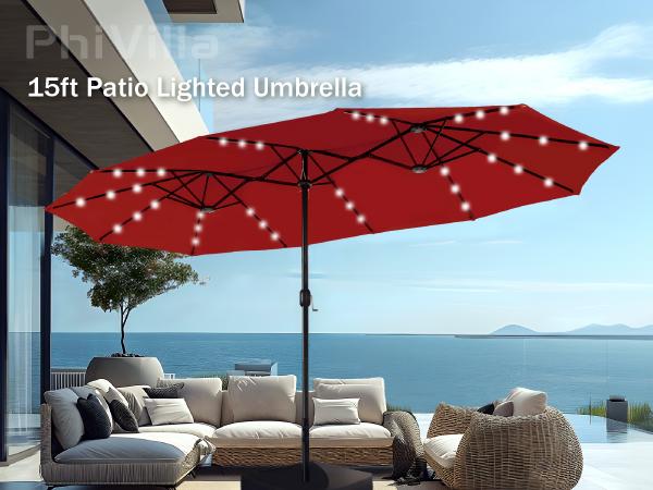 PHI VILLA Double-Sided Outdoor Patio Umbrella 15 ft Large with Crank, Steel Pole Metal Frame Includes Base, Easy to Clean, Sunshade Canopy, Ideal Gift for Home
