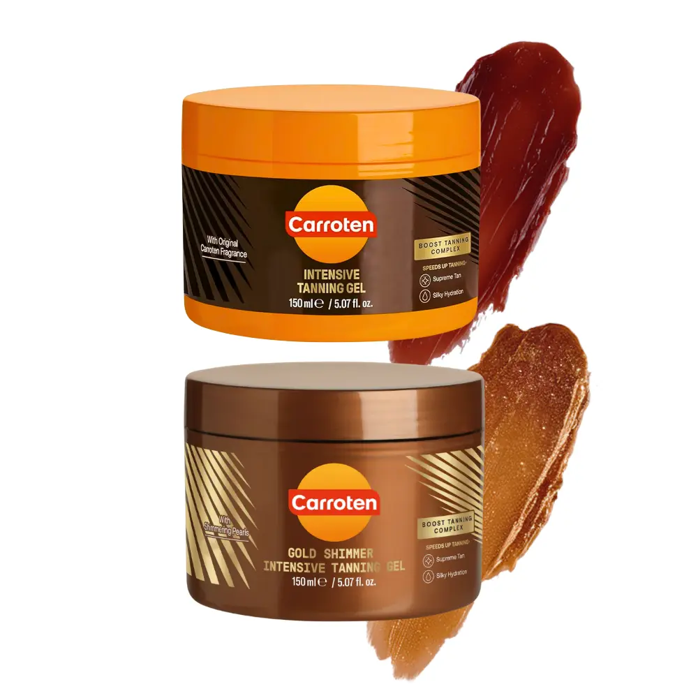 Carroten Intensive + Gold Shimmer Tanning Gel | Browning Tan Accelerators | Non-Greasy, Water-Resistant | Carrot & Coconut Oil | Vitamin A & E For Hydration | 5 oz (Set of 2)