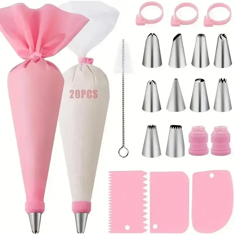 40pcs Icing Bag Set, Cake Decorating Kit, 10 Piping Tips, Reusable Icing Bag, 20 Disposable Bags, Brush, Converters, Straps, Scraping Tools