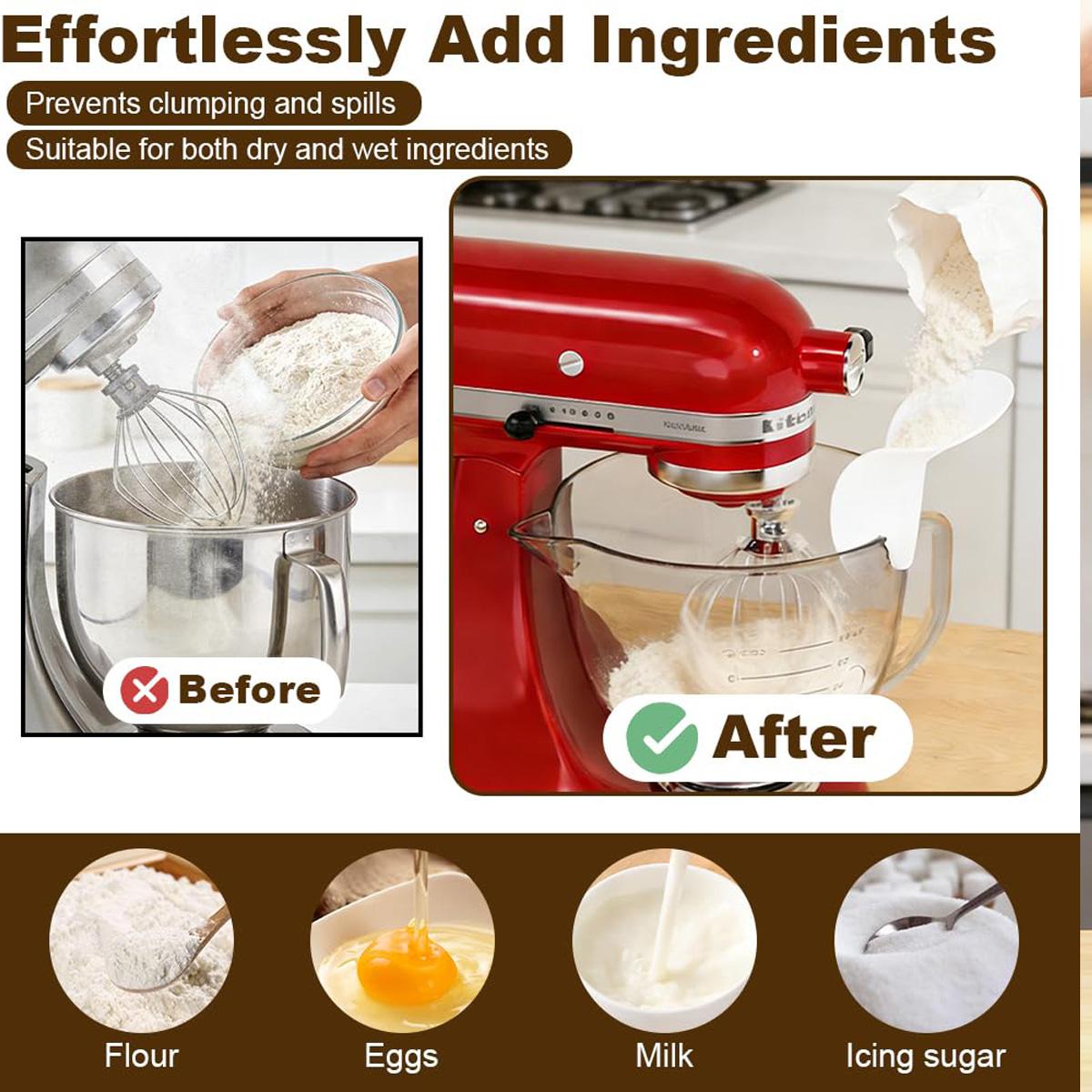 Tilt-Head Stand Mixer Flour Funnel, 4.5-5 Qt Bowl Fit, Dishwasher-Safe Baking Tool for Bakers, Convenient Household Kitchen Appliance Accessory for Dry & Wet Ingredients to Boost Baking Efficiency & Mixing Process toolupgrade