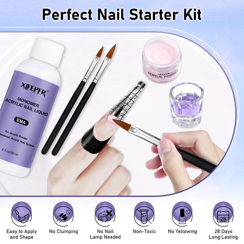 XIFEPFR Acrylic Nail Kit - Clear Pink White Nude Powder & Liquid Monomer Set with Brush Nail Forms Extension Kit for Beginners Home DIY Nail Art
