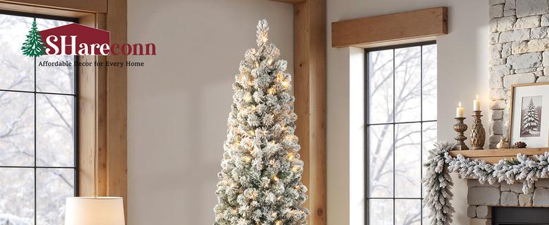 SHareconn 4/5/6/7.5/9 FT Pre-lit Snow Flocked Slim Christmas Tree with Warm White Lights & Dense Snow Flocked Branches, Ideal Pencil Tree Decoration
