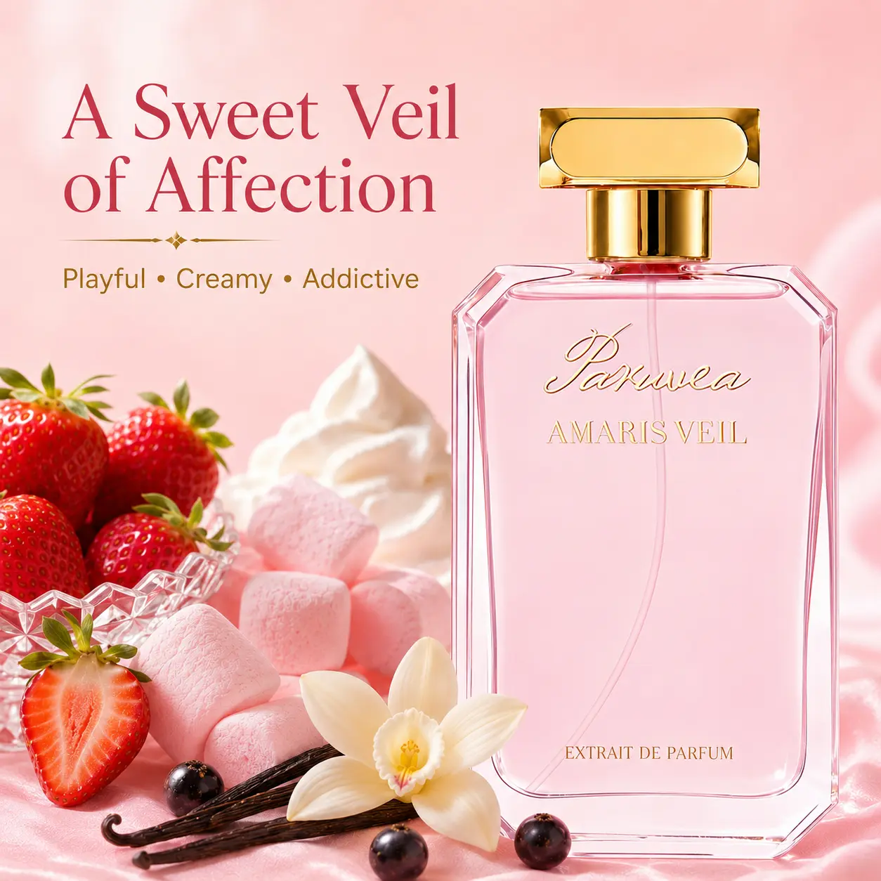 Paruvea Amaris Veil Extrait de Parfum | Sweet Strawberry, Marshmallow & Vanilla Perfume | Creamy Fruity Gourmand Fragrance  for Women, 100ml, High Quality Fragrance, Floral Sweet Perfume, Single, Fragrance Warmth