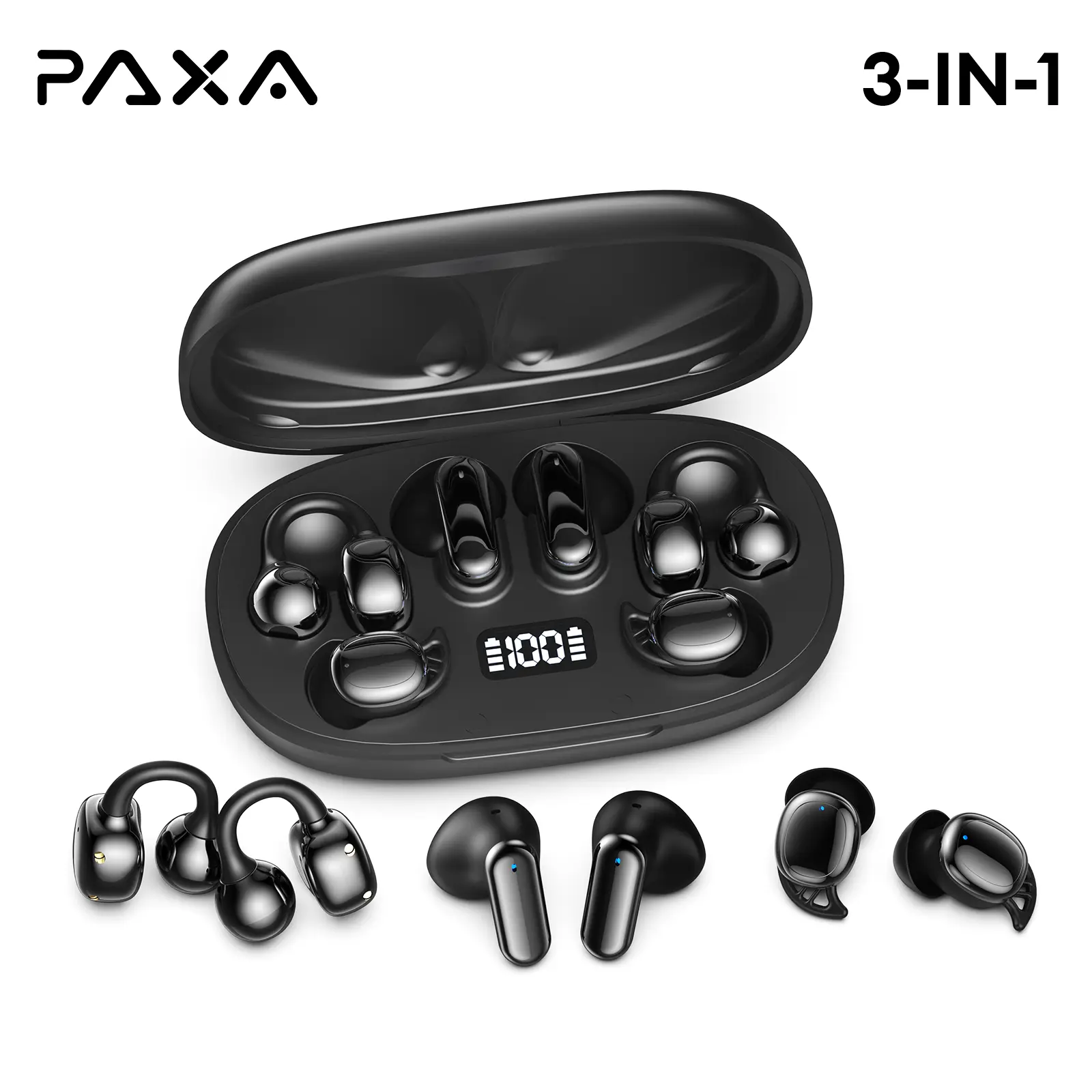 PAXA JC680 3-in-1 Chargeable Bluetooth 6.0 Earbuds - Electronic Audio Headphone with In-Ear, Clip-On, Sleep Designs, Smart LED Display Charging Case, Hi-Fi Stereo Sound, Comfortable Fit for Sports, Daily Use, Compatible with Android & iOS, Bluetooth Earbu