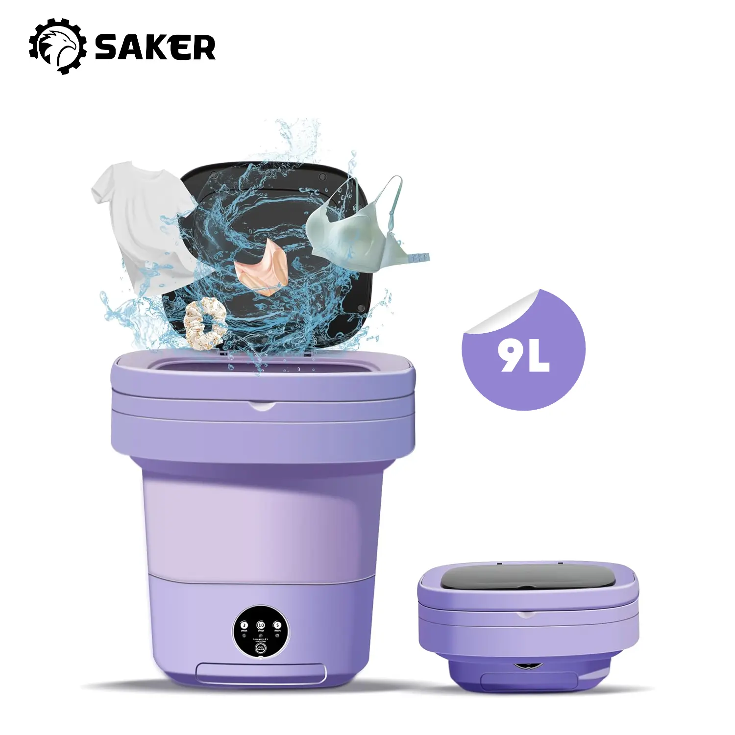 Saker 9L Portable Foldable Washing Machine with Spin-Dry Basket, Mini Washer for Underwear, Socks & Baby Clothes, Ideal for Apartments, Dorms, RVs & Travel