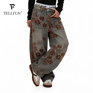 Men’s Y2K baggy jeans with plant/flower print; Harajuku hip-hop wide-leg denim pants; trendy boyfriend-fit streetwear unisex denim jeans