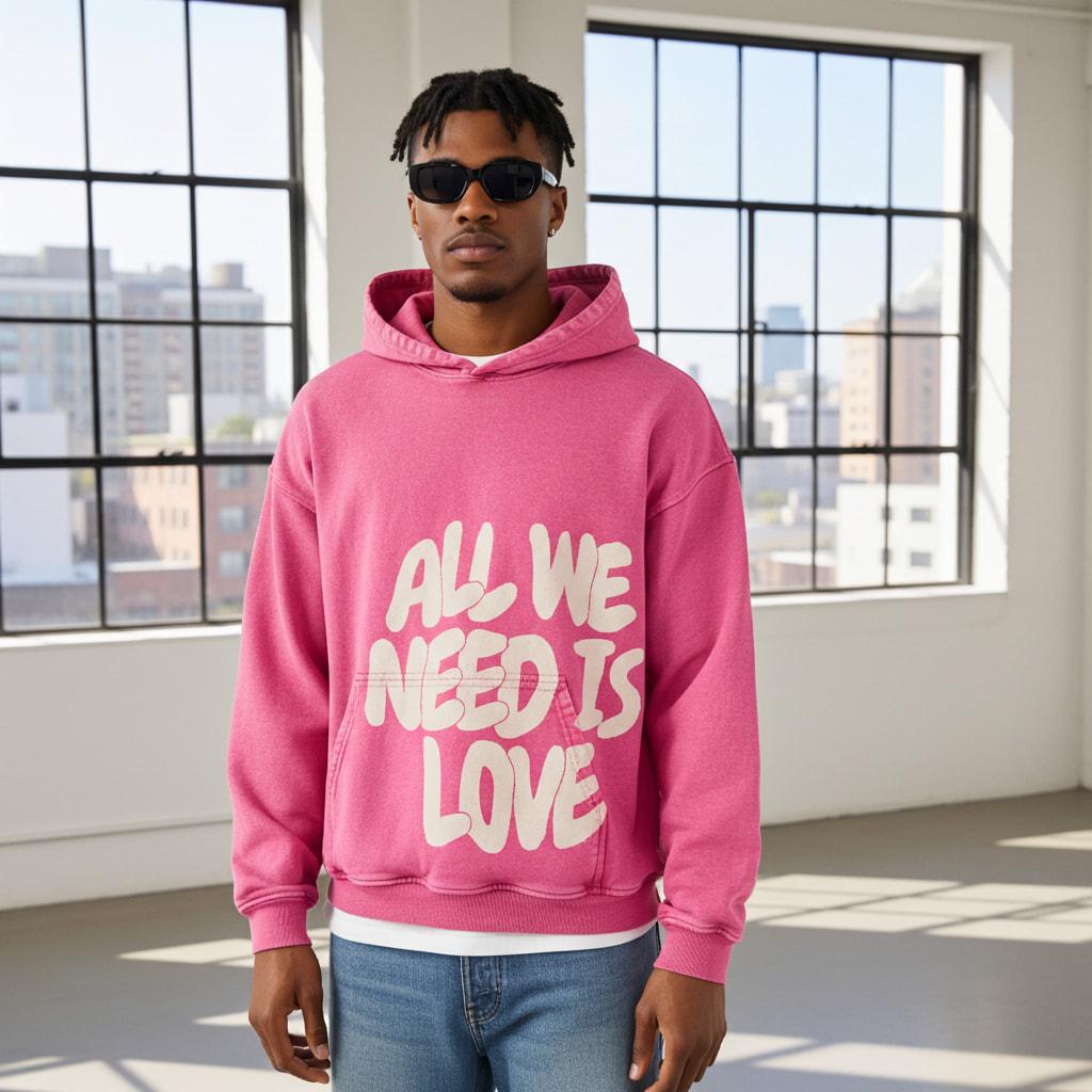 Sopula Studio Mens & Womens Tops All We Need Is Love Graphic Pink Vintage Washed Casual Pullover Cotton Hoodie