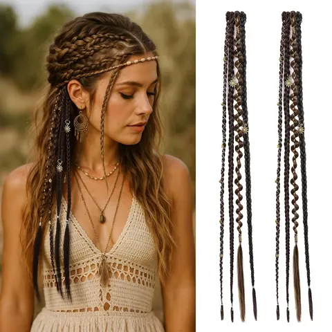 NAYASA Women's 2PCS Clip Hair Extensions - 20in Synthetic Curly Wavy Boho Dreadlock & Fishtail Braiding Hair with Beads & Charms, for Cosplay & Daily Styling Fashion Accessories,sohochic