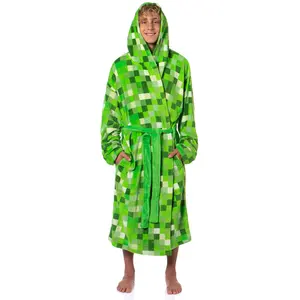 Minecraft Men's Pixelated Creeper Soft Fleece Hooded Dressing Gown Bathrobe