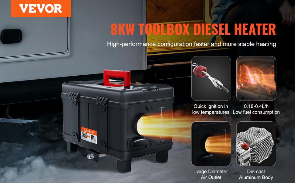 VEVOR 8KW Toolbox Diesel Heater,  Upgraded 110V Adapter & CO Alarm, 12-24V All in One Diesel Air Heater, with Bluetooth APP/Remote Control and Display Screen, Fast Heating Portable Diesel Heater for Vehicles and Outdoors