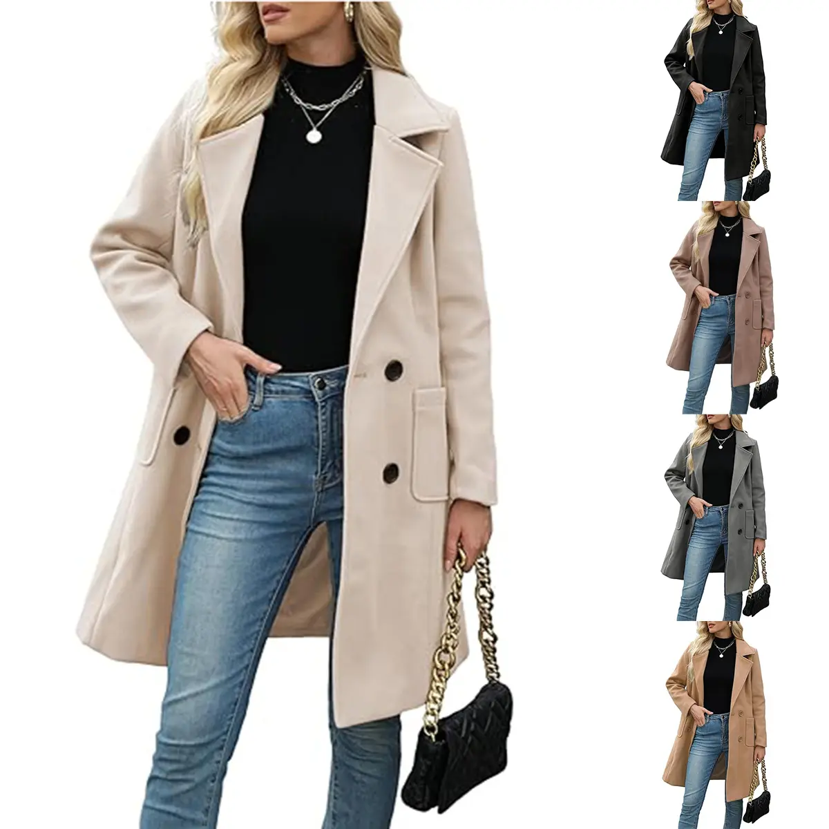 Kingapril Women's Thick Winter Wool-Blend Camel Mid-Long Collared Coat - Elegant Notch Lapel, Double-Breasted, Button-Front, Basic Everyday Cozy Fashion Outerwear for Thanksgiving Snap, Polyester Long-Sleeve Jackets & Coats