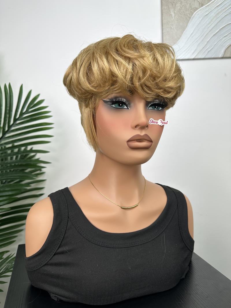 ShowRealHair Bowl Cut Wig for Women - 6 Inch Short, Wavy & Fluffy Layered Pixie Cut Style with Fringe, Perfect for Daily Wear and Fashion