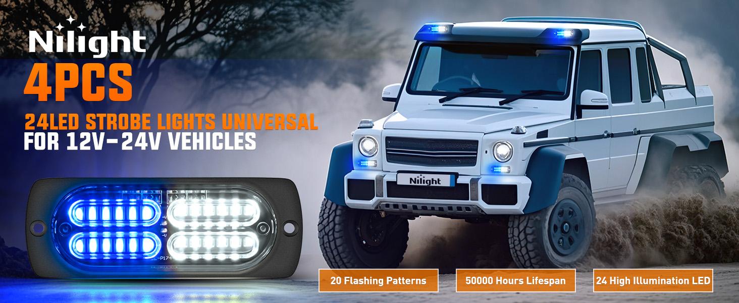 Nilight 4PCS LED Strobe lights 12V 24V Sync Feature Blue White 24LED  Hazard Warning Lights with Controller Hard Wire or Plug for Car Truck RVs Campers