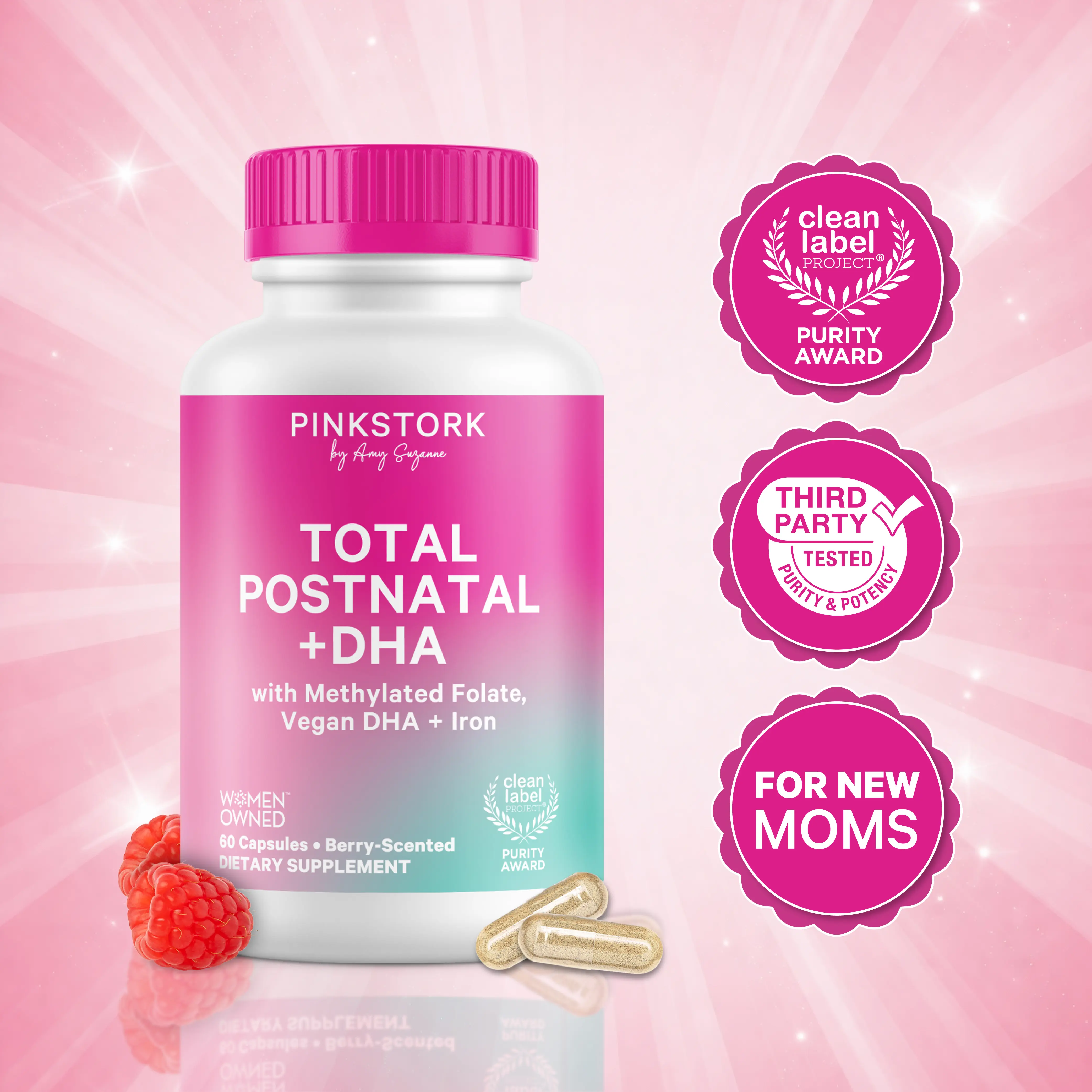 Pink Stork Total Postnatal Vitamins for Women | Clean Label Purity Award | Maternity Vitamins | No Fishy Burps | Breastfeeding Essentials | Methylated Folate, Vegan DHA, Iron | Month Supply Postpartum Dietary Supplement Multivitamin