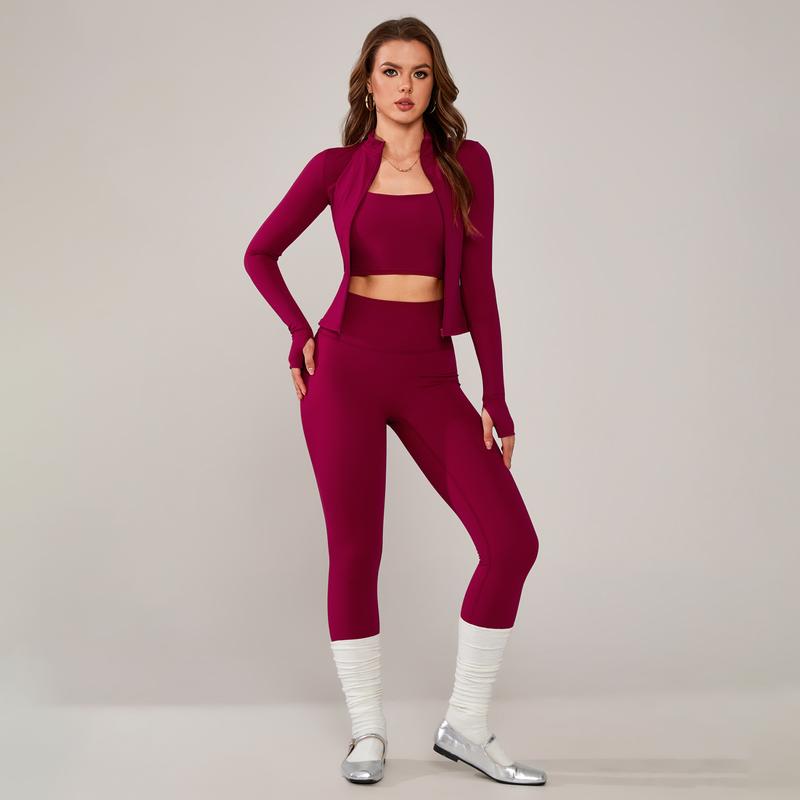TimeOFF Women's 3-Piece Activewear Set with Stretchy, Body-Hugging Crop Top, Leggings & Jacket – Ideal for Yoga, Workouts & Athleisure Styles stylish