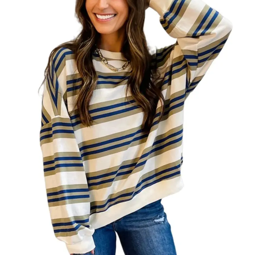 Asvivid Women's Stripe Crew Neck Drop Shoulder Pullover Sweatshirt Tops Casual Striped Crewneck Everyday Long Sleeve Swearshirts Fall Fashion
