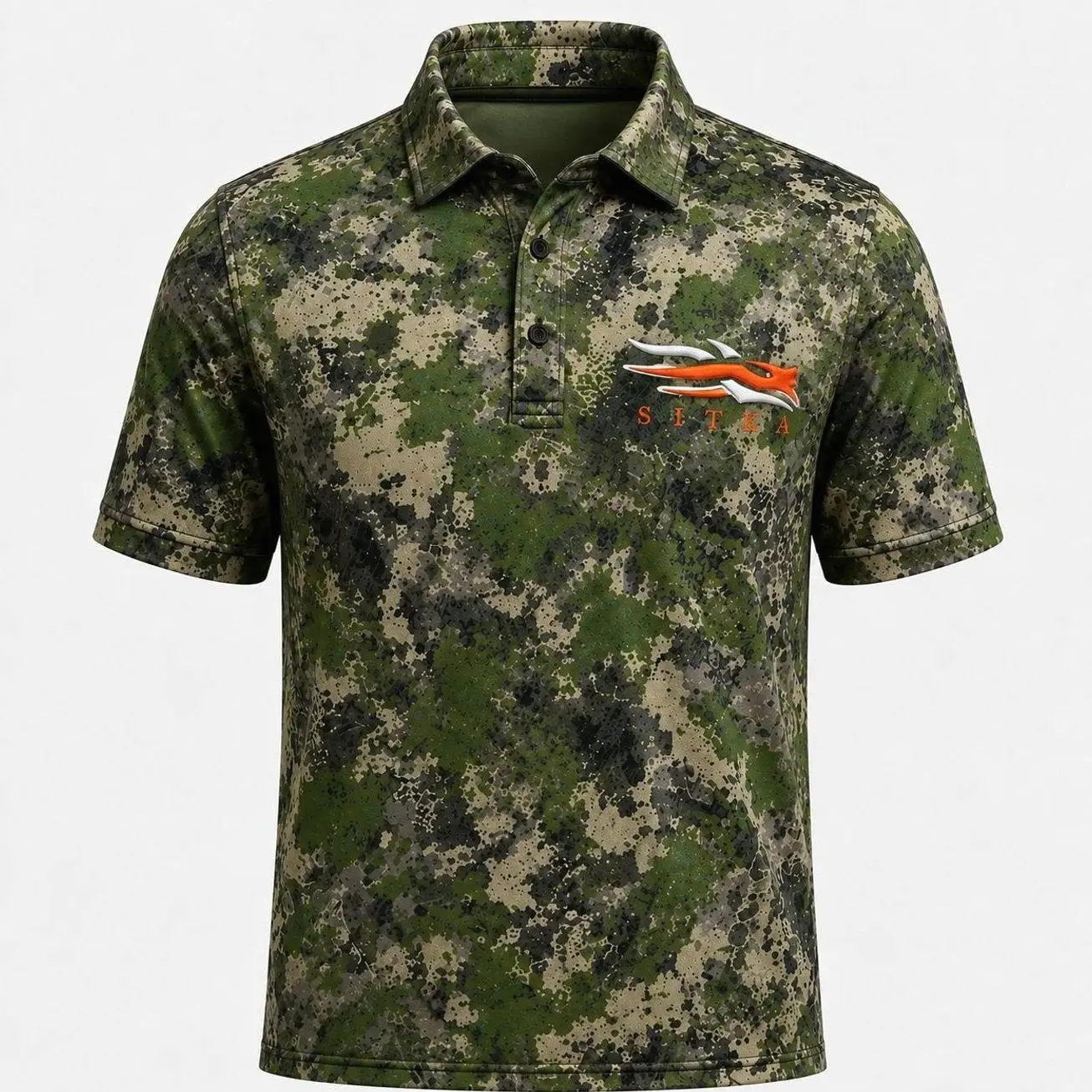 Men's SITKA Camouflage Polo Shirt, Short Sleeve Hunting Polo, Outdoor Fishing Shirt, Camo Golf Shirt, Casual Performance Top, Lightweight Sportswear