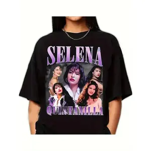 🌸🎤 [Graphic Tee]Selena Graphic Print T-Shirt| Women's Casual Short Sleeve Top| Black with Purple Lettering & Vintage Photos| Spring/Summer Fashion Essential| Selena Quintanilla Tribute Tee| GiftedinLove