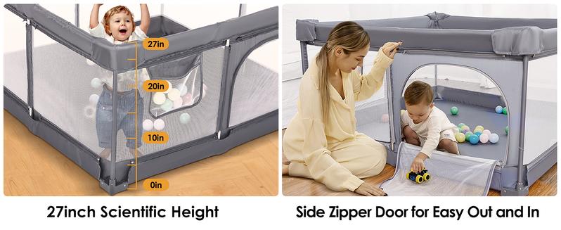 Foldable Baby Playpen, Extra Large Collapsible Play Yard for Babies & Toddlers, Portable Travel Playpen with Gate, Safe Indoor & Outdoor Activity Center (51"×51" Gray)
