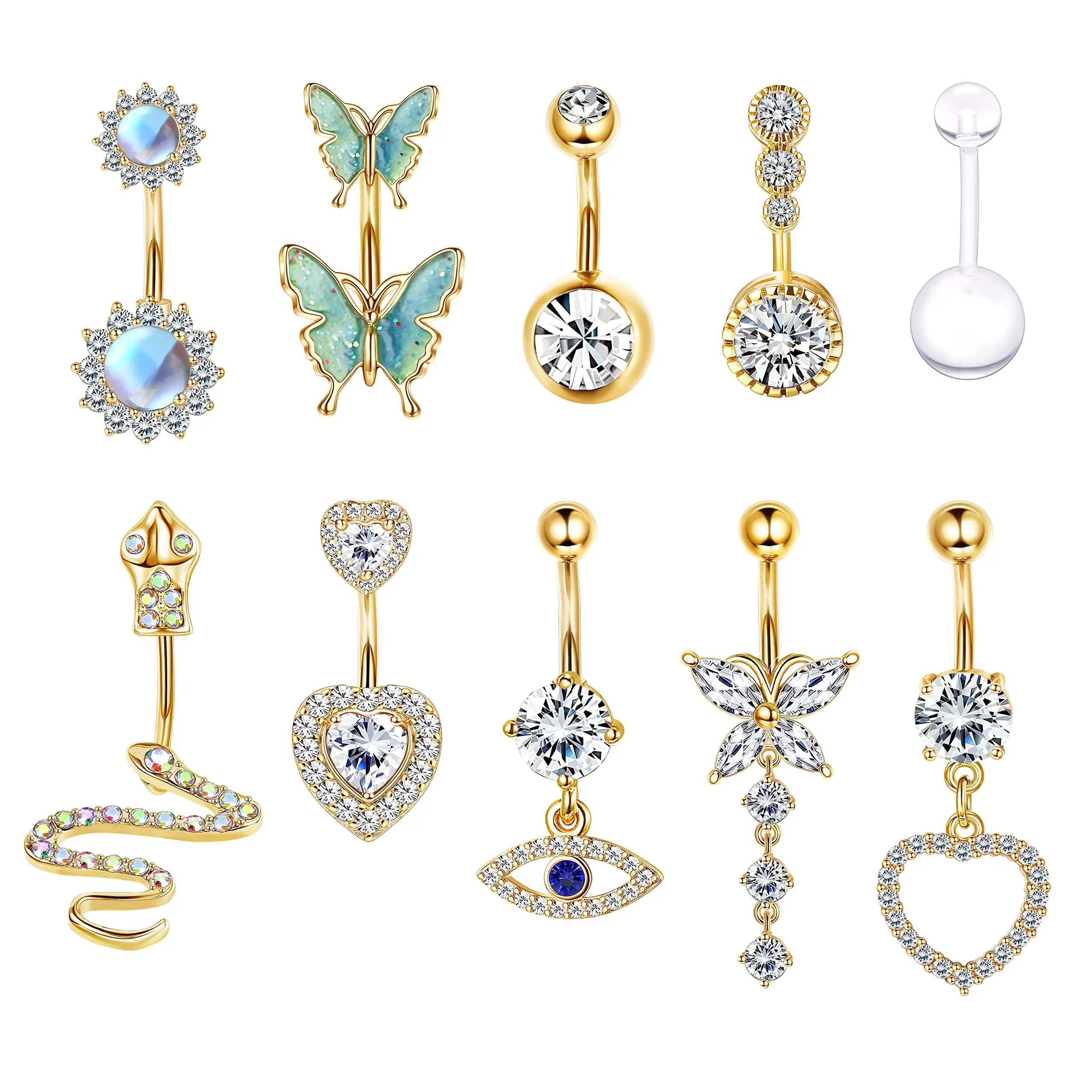 Milacolato 14G 316L Stainless Steel Navel Piercing Jewelry Kit, 10Pcs Dangly Belly Button Rings with Long Chain, CZ, Moonstone, Snake, Heart & Butterfly Accents (Silver, Gold), Body Piercing Jewelry, Belly Piercing Jewelry, 14 Gauge