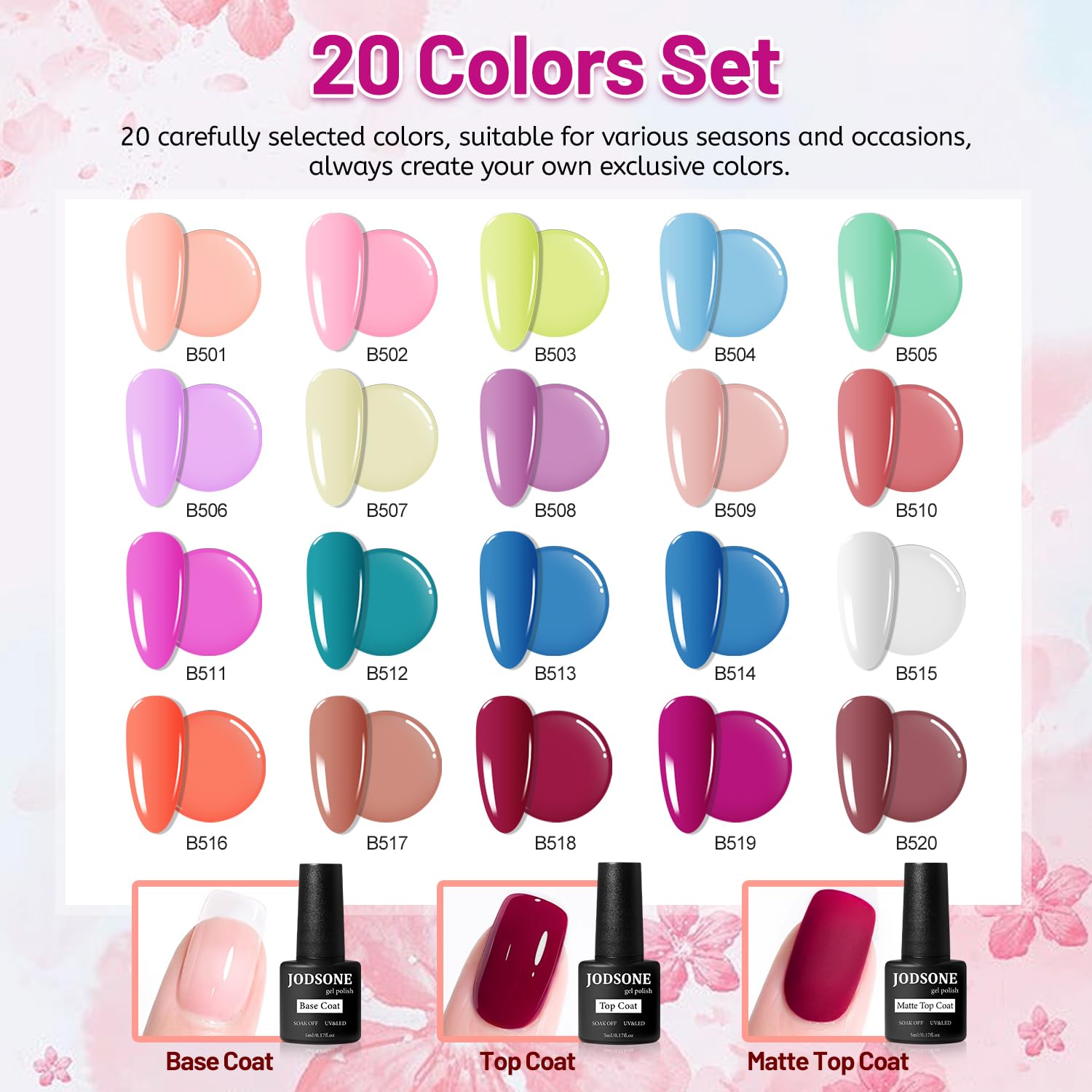 JODSONE 20-Color Vibrant High-Shine Gel Polish Kit, 3 PCS Included: Base Coat, Matte & Glossy Top Coats