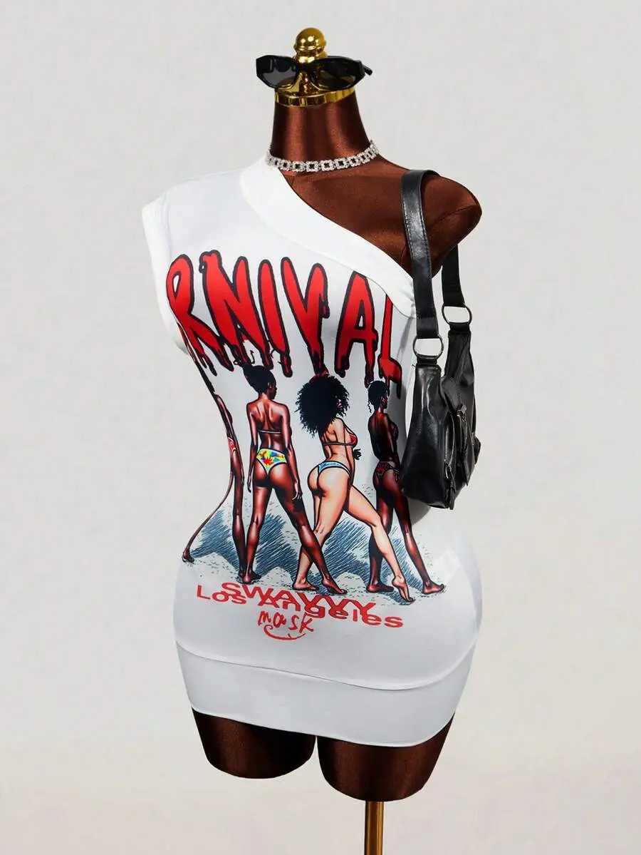 Lumina x BamGleam White Knitted Bodycon Mini Dress For Women Asymmetrical Neck Figure Print Cap Batwing Sleeve Casual Style,White Graphic One Shoulder Dress Carnival Print Bodycon Dress Sleeveless Tee Shirt Dress For Women,Stretchy Fabric Hugs Your Curves
