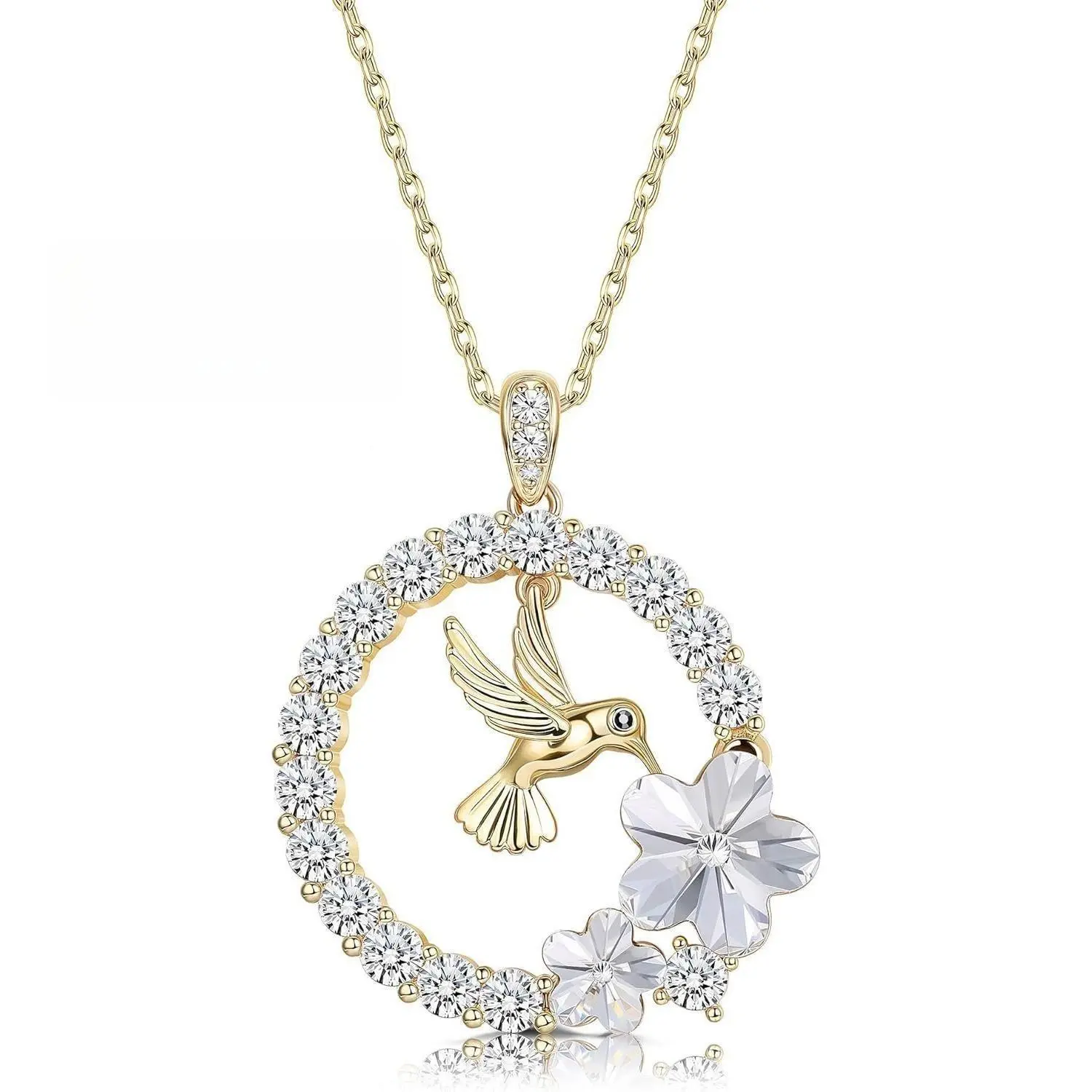 CASSIECA Gold Plated Hummingbird Rhinestones Pendant Necklace - Unisex Circle Artistic Crystal Necklace with Austrian Crystals, Women's Fashion Costume Jewelry Gift for Mom or Girlfriend, Crystal Necklaces