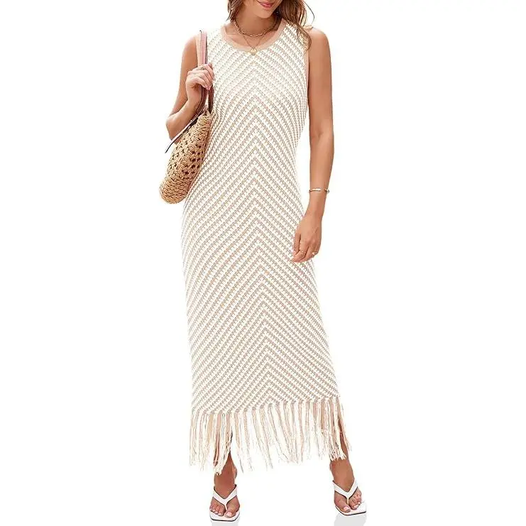 Wenrine Women's Crochet Knit Dress 2025 Fall Casual Striped Tassel Sleeveless Boho Maxi Dresses