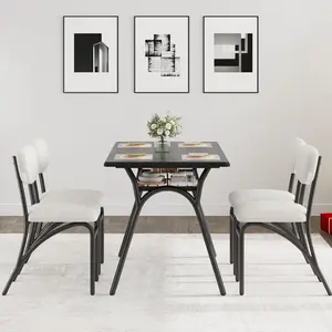 Dining Table Set for 4, Kitchen Table with Boucle Chairs for 4, Modern Rectangular Dining Table with Storage Rack for Small Space, Beige & Black