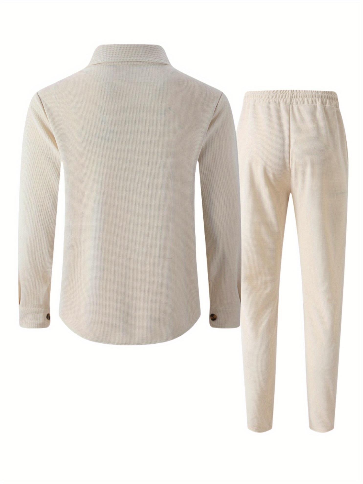 Autumn New Waffle Long Sleeved Pants Two-Piece Set Solid Color Double Pocket Button Up Cardigan Shirt Set for Men