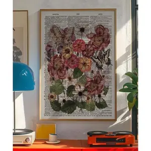 Antique Wildflower Dictionary Art Poster, Flower Themed dictionary prints, Vintage Wall Decor Newspaper Print, Trendy Aesthetic Wall Art Decoration Unique Artwork (No Frame)