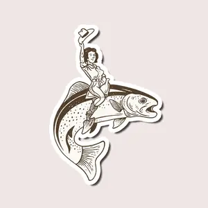 Cowgirl Riding Fish Sticker, Western Rodeo Style Vinyl Decal for Laptop, Water Bottle, Car, Funny Fishing & Outdoor Gift