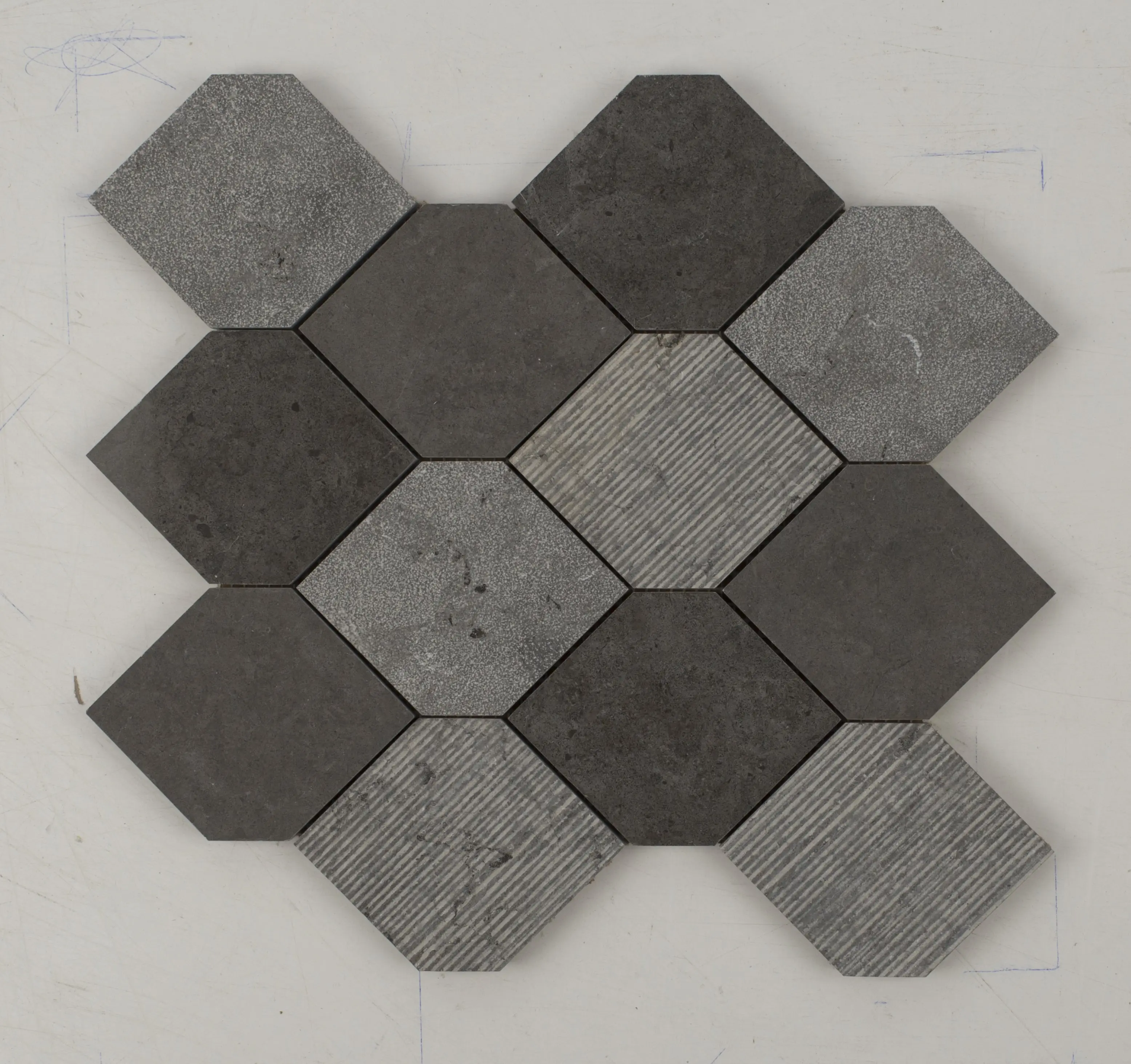 Contemporary Milly Grey Stretch Hexagon Limestone Mosaic Tile - Hexagon Shape, Mixed Surface, Sheet Pack, Residential & Commercial Flooring, Kitchen Backsplash, Traditional Adaptable Design