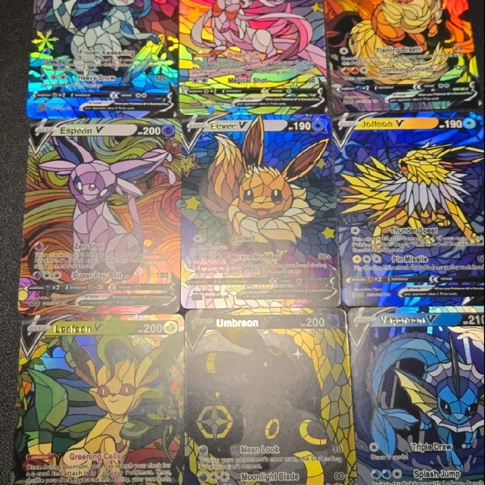 10-Piece Holographic Eeveelutions Stained Glass Fan Art Set Non-Sports Trading Cards - Non-Textured, Vaporeon, Espeon, Glaceon, Jolteon, Collector Display Cards, Custom-Made