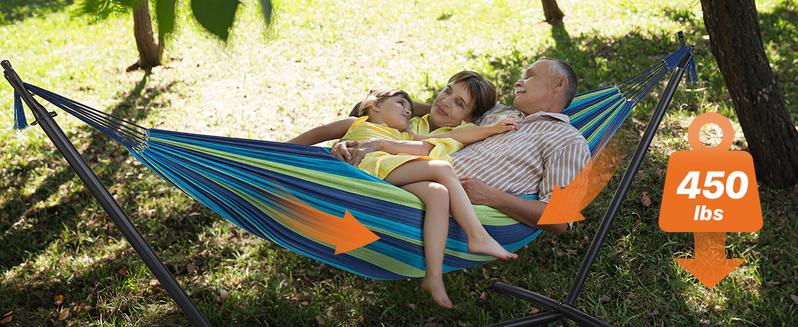 Double Hammock with Space Saving Stand, Heavy Duty Steel Frame, Portable for Outside & Indoor Use, 450lbs Capacity, Easy Assembly, Carrying Bag Included