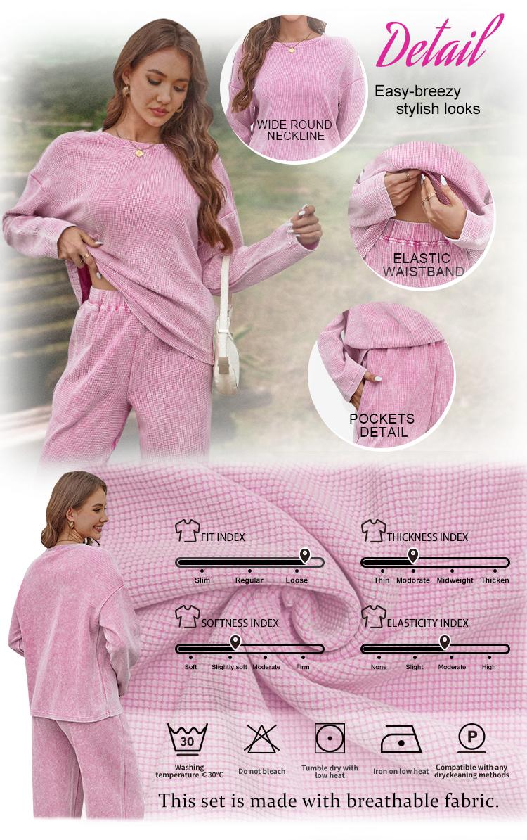 AUTOMET Vintage Waffle 2 PIECE SET WOMEN Lounge Long Sleeve Tops Fitted with Crew Neck & Relaxed Pants