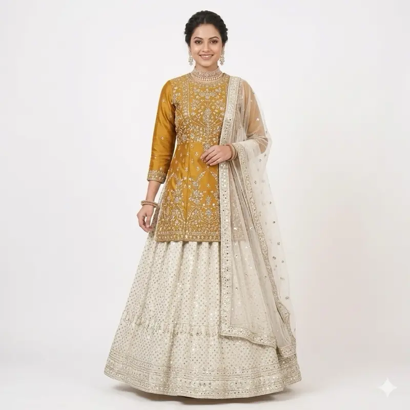 Women's Gold and White Lehenga Choli, Embellished Indian Dress Set with a Sequined Skirt and Matching Dupatta, Women's Clothes, Costumes, Traditional, Casual, Sequins, Gold And White Embellished, No